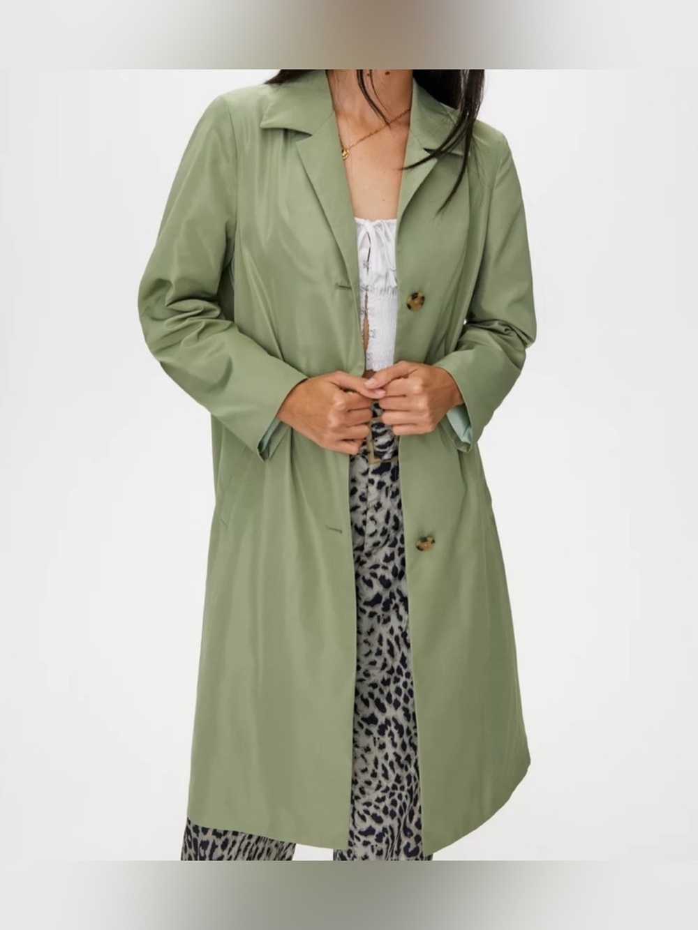 Aritzia Little Moon Twilight Coat Sage Green Satin Fluid Trench Size L